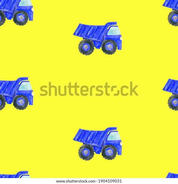 Seamless\
pattern of a blue construction truck on a yellow background. Kids\
design for wallpaper, fabric, textiles,\
clothing