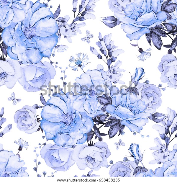 白い背景にシームレスなパターンと青い花と葉 水彩の花柄 パステル色の花 壁紙 カード または布地のタイル のイラスト素材