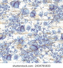 Seamless pattern with blue flowers on a white wooden background