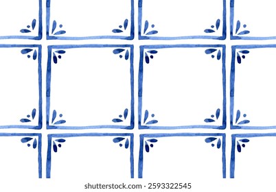 seamless pattern blue folk tile. vintage style watercolor