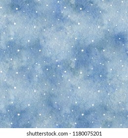 Seamless pattern with blue gradient background and snowflakes. Watercolor hand drawn illustration. Shades of blue and gray watercolor stains
