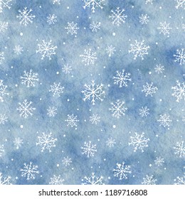 Seamless pattern and blue gradient background   snowflakes  Watercolor hand drawn illustration  Shades blue   gray watercolor stains