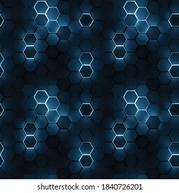 Seamless pattern of blue illuminating hexagons. Computer generated tileable background. Abstract 3D render
