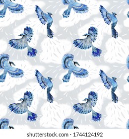 Seamless pattern with blue jay bird in the clouds.  Watercolor illustration. Repeated pattern background with birds. Great for textile fabric, greeting cards, invitations.