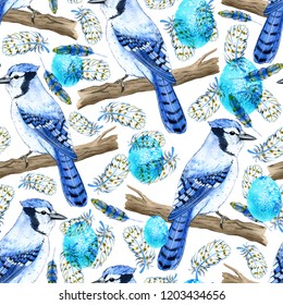 Seamless Pattern, Blue Jay And Eggs, Watercolor