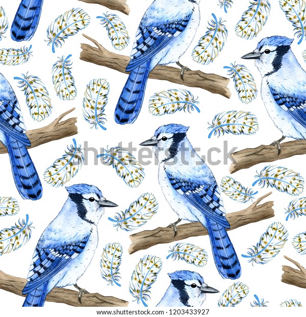 Seamless Pattern Blue Jay Feather Watercolor Stock Illustration