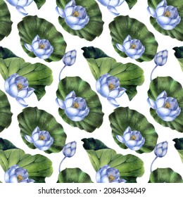 Seamless pattern of blue lotuses with leaves on a light background, hand-drawn with colored pencils. Floral pattern. Vintage. Can be used on fabrics, wrapping paper, for your design.
