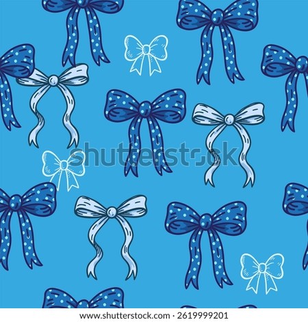 Seamless pattern with blue polka dot bows and hand-drawn ribbons in doodle cartoon style on blue background.