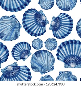Seamless pattern of blue seashells. Sea shells watercolor hand drawn illustration set isolated on white background for banner, poster, print, postcard, textile, template, card