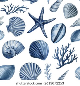 seamless pattern with blue shells starfish coral underwater ocean marine elements for nautical summer design watercolor