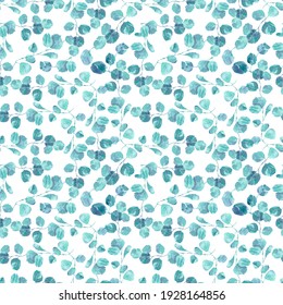 Seamless Pattern With Blue And Turquoise Eucalyptus Leaves For Wrapping And Packing Design Of Cosmetic Oil, Homeopathy, Nose Spray And Drops, Natural Ornament Concept For Eco Friendly Products