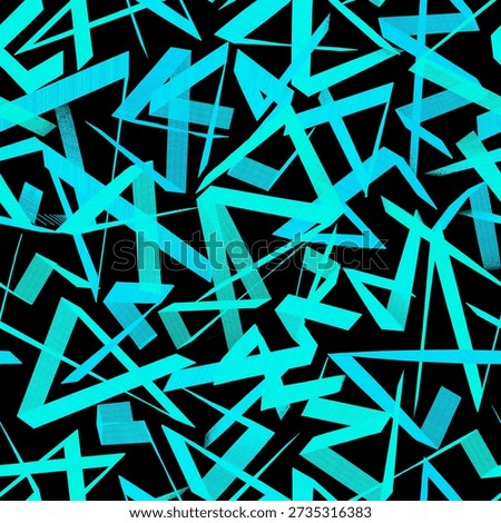 Seamless pattern of blue and turquoise polylines, corners and zigzags on a black background