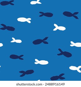 Seamless pattern of blue and white fish on light blue background, simple digital illustration in acrylic painting style. For wallpapers, wrapping paper, fabric and textile design, products packaging
