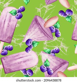 Seamless Pattern. Blueberry Popsicle On A Stick. Ice Cream On A Stick. Scattered Blueberries With Green Leaves. Handmade Watercolor. Frozen Ice On A Green Background. Pattern For Fabric, Paper, Scrap