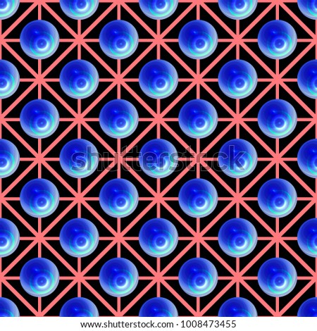seamless pattern with blui shiny polish spheres and intersect pink lines; flying blue glow pearls on black background; rumbs and circle seamless pattern for backdrops, wallpapers, cards, textile.