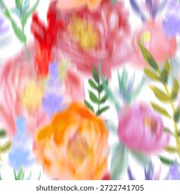 Seamless pattern with a blur effect and multicolored peonies for textiles. High quality photo