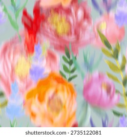 Seamless pattern with a blur effect and multicolored peonies. High quality photo