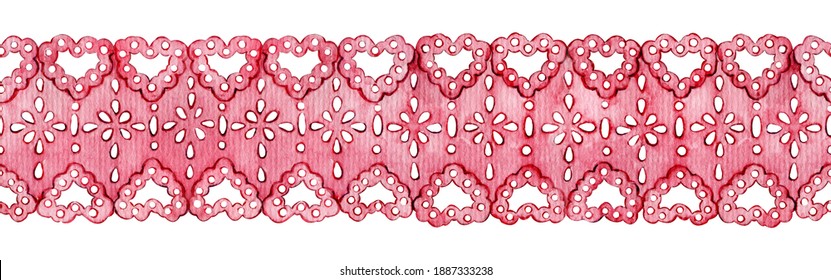 Seamless pattern border lace pink cloth texture. Watercolor illustration on white background. Monochrome clothing design element. Postcard design Valentine's Day, Mother's Day, congratulation, wedding