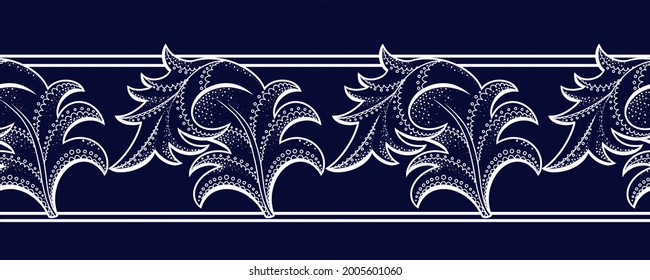 Seamless pattern, border, lower continuum. Decorative white leaves on a dark blue background.