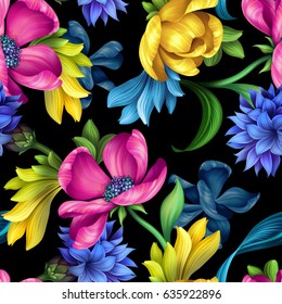 nahtloses Muster, botanische Blumengrafik, natürliche Ornamente, rosafarbene, gelbe Tulpe, blaue Kornblume, grüne Blätter, wilde Blumen, bunter Hintergrund, Stoffdesign – Stockillustration