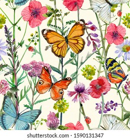 seamless pattern with botanical watercolor painting drawings of meadow flowers and butterflies on background of paper texture. 