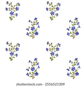 Seamless pattern with bouquets of blue stylized flowers cornflowers (Centaurea cyanus, bachelor's button, knapweed or bluett). Watercolor hand drawn painting illustration isolated on white background.