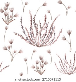 A seamless pattern with bouquets of small pink flowers and steppe grasses. Watercolor illustrations for flower shop designs, eco-projects, travel agency websites, and corporate identities.