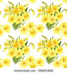 Seamless pattern. Bouquets of yellow daffodils on a white background. Watercolor. For the fabric and wrapping paper.