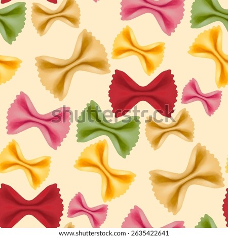Seamless pattern of bow tie pasta. Italian food. Hand drawn spaghetti