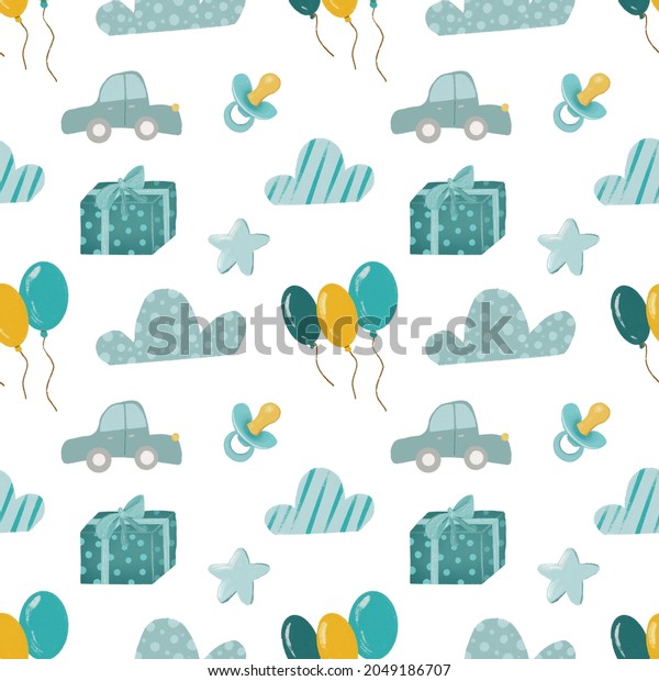 Seamless pattern for boys birthday with illustrations in\
blue colors. 