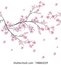 Seamless Pattern With Branch Of  Cherry Blossom Flowers. Watercolor Painting.