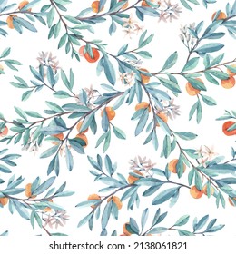 Seamless pattern with branches, green leaves and juicy orange orange fruits. Painted in watercolor on a white background. For wedding invitations, textiles, wallpapers, wrapping paper, notebooks.