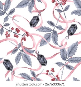 Seamless pattern with branches of poisonous red berries, black faceted pendants, pink wriggling ribbons and gray rose leaves. Watercolor illustration for fabric, wrapping paper, wallpaper, cover.