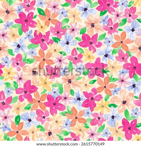 Seamless pattern with bright abstract flowers. Cute summer design hand painted with watercolor. Bright colorful seamless tile for textile, fabric, packaging
