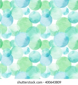  Seamless pattern of bright dots. The polka dot pattern. Blue, green. Transparent polka dots.  Watercolor illustration. Insulated.
