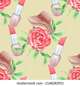 Seamless pattern Bright lipstick. A red rose. Beige women's hat with wide brim. A branch with green leaves. Handmade watercolor for printing on paper, fabric, ceramics. Summer design for bags, wrapper