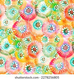 Seamless pattern with bright watercolor circles on a dark background.    Hand-drawn illustration. 