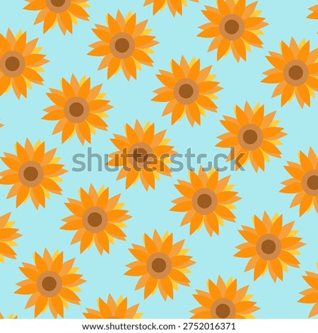 Seamless pattern of bright yellow sunflowers on a light blue background, repetitive floral ornament illustration.
