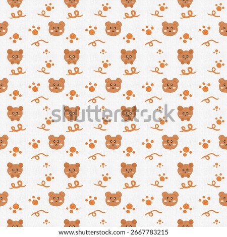 Seamless pattern, brown cartoon bear pattern with paw prints and squiggly lines in childish style on white background. Suitable for graphic design, textile, background.
