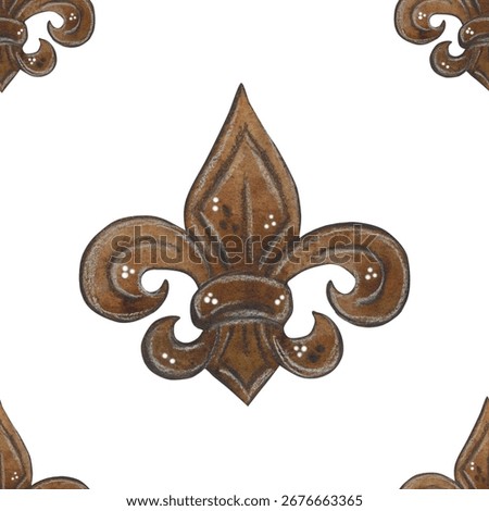 Seamless pattern of brown heraldic fleur-de-lis. Watercolor hand-drawn illustration. Drawing for paper, textile, cards, scrapbooking. History, tournament, battle, warrior, horse, armor