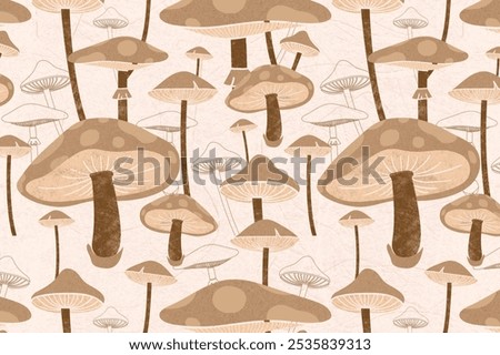 Seamless pattern of brown mushrooms background. Various mushrooms in earthy tones background. Mushroom design with tall and short mushrooms. Natural mushroom pattern background.