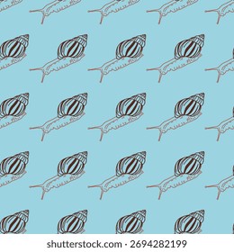 Seamless pattern of brown snail illustrations on a light blue background. Cute and simple animal design suitable for fabric, wallpaper, and wrapping paper.