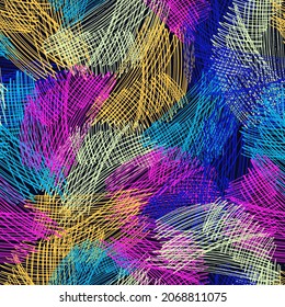 seamless pattern brush stripped. yellow blue pink color on black background. Hand painted grange texture. Ink geometric elements. Fashion modern style. Endless fantasy plaid fabric print.