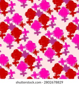 A seamless pattern of brush strokes in shades of pink, red and purple, scattered across a light pink background. 