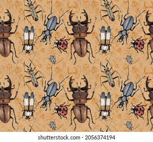 Seamless pattern with bugs on a sandy background in a vintage style. Entomological encyclopedia about beetles: insects, stag beetle, ground beetle, ladybug. Ideal for home textiles, wrapping paper.