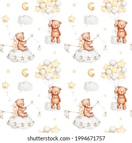 Seamless pattern with bunny, bear, cloud, star, balloon; watercolor hand drawn illustration; with white isolated background