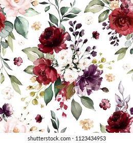 Seamless Pattern With Burgundy Flowers And Leaves. Hand Drawn Background.  Floral Pattern For Wallpaper Or Fabric. Flower Rose. Botanic Tile.