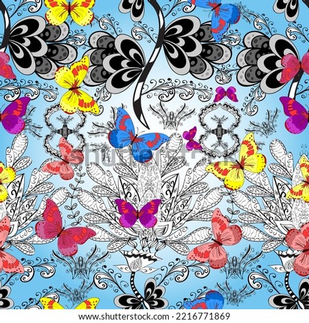 Seamless pattern with butterflies. Background for textile, fabric, print and invitation. Illustration in neutral, white and blue colors.
