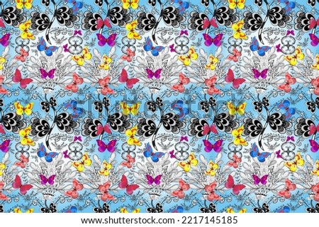 Seamless pattern with butterflies. Background for textile, fabric, print and invitation. Illustration in neutral, white and blue colors.