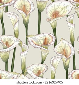 Seamless Pattern With Calla Flowers, Design Elements. Hand Drawn Watercolor Calla Lilies. Floral Pattern For Invitations, Cards, Print, Gift Wrap, Manufacturing, Textile, Fabric, Wallpapers